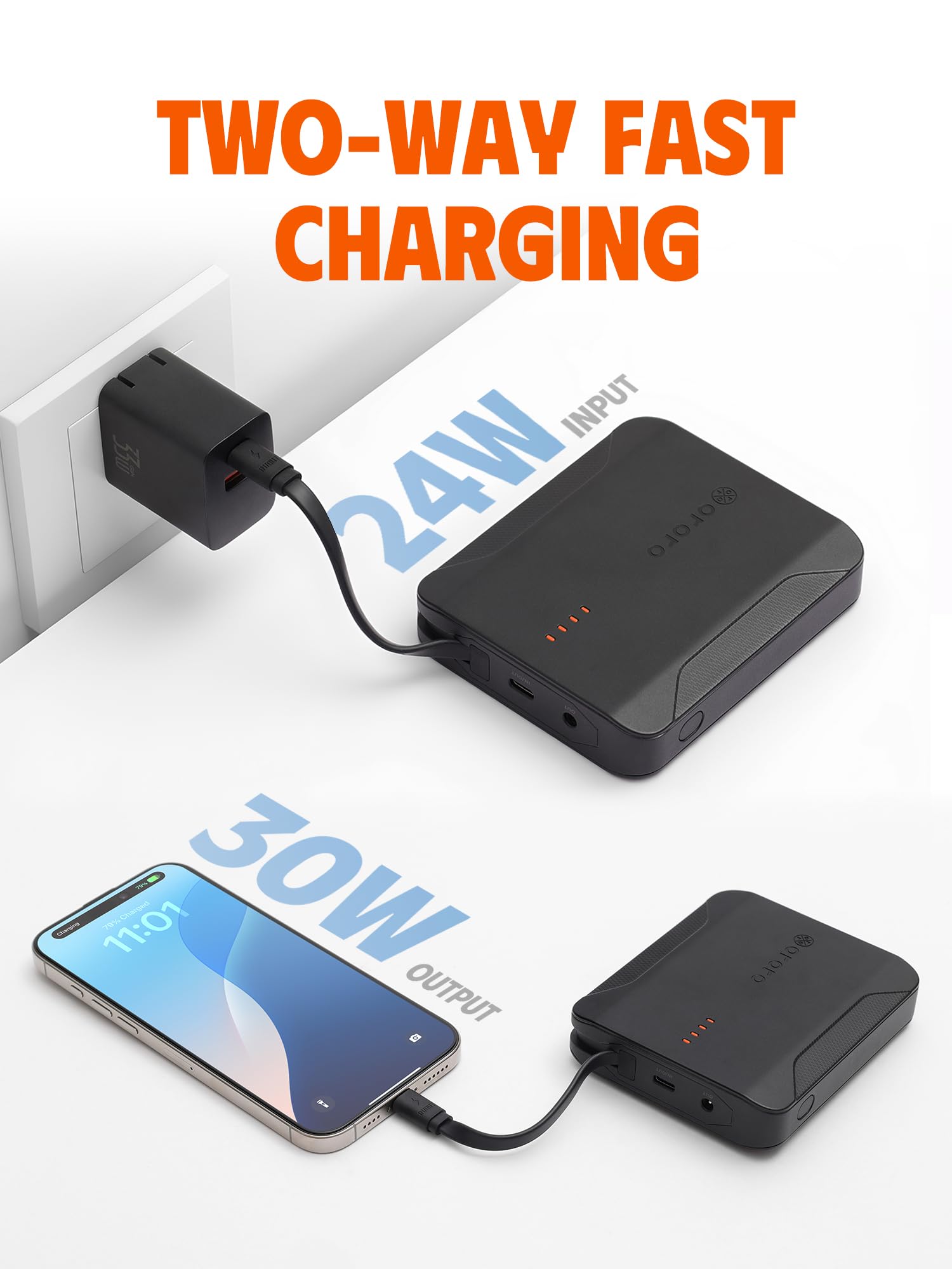 ORORO [All-New] USB-C 30W Fast Charging Battery with Built-in Cable, Large Capacity Battery for Heated Vests, Heated Jackets and Heated Hoodies - Image 7