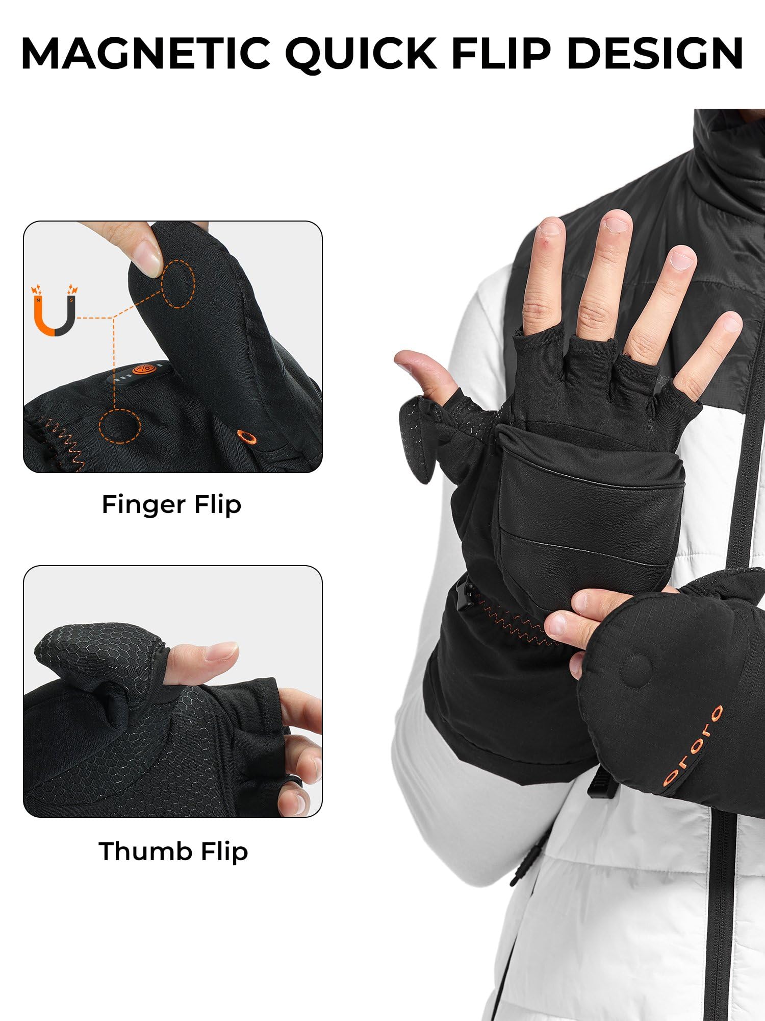 ORORO Heated Convertible Mittens with PrimaLoft Insulation, Fingerless Flip Top Gloves with Battery - Image 5