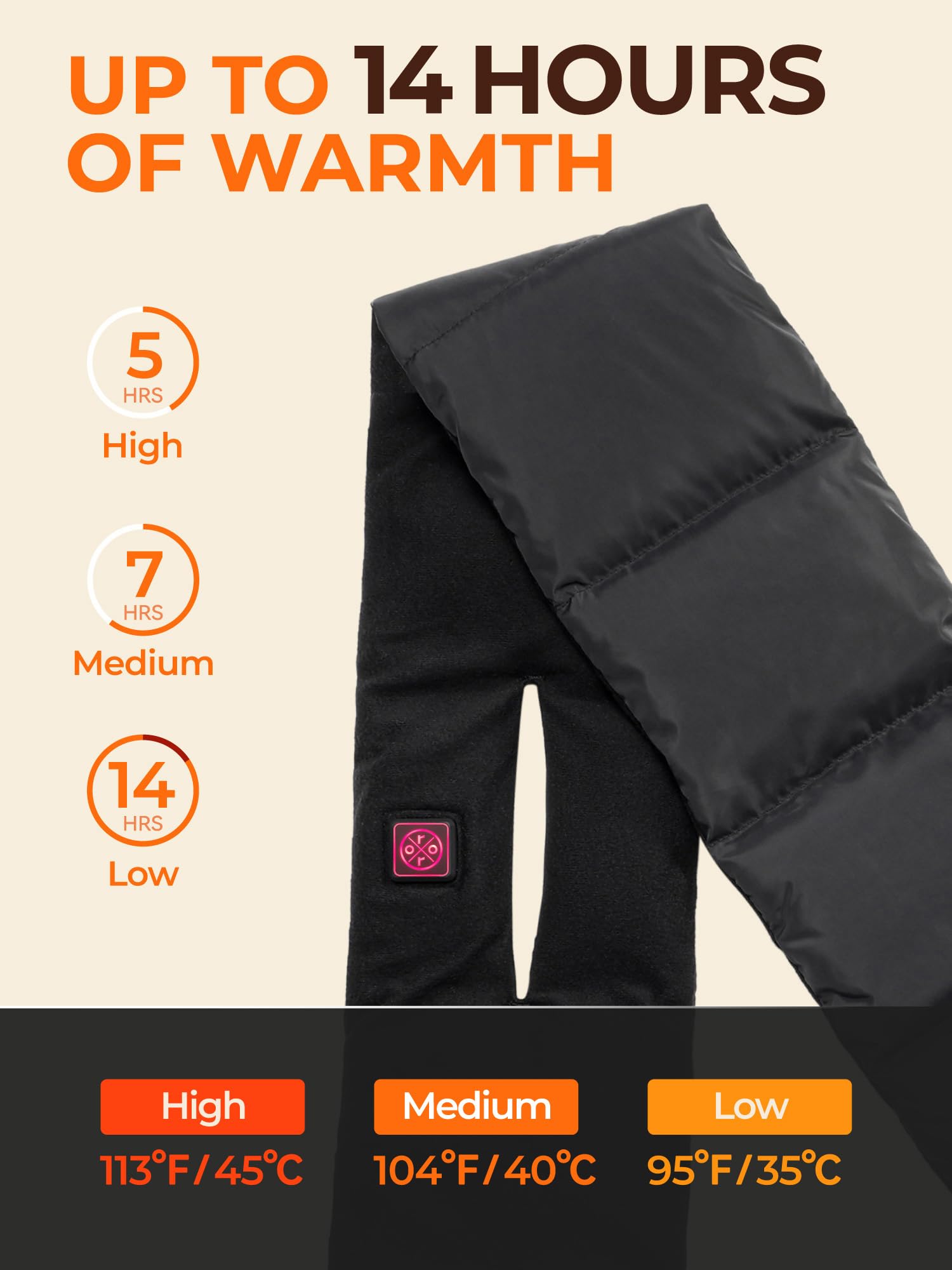 ORORO Long Heated Down Scarf, Up to 14 Hours of Warmth, Puffer Heated Scarf with USB-C Rechargeable Battery - Image 3