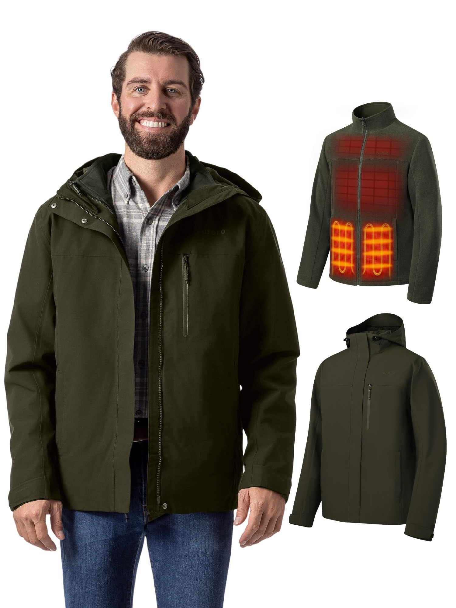 ORORO Men's 3-in-1 Heated Jacket with Waterproof Shell and Heated Fleece Liner, Fleece Heated Jacket with Battery