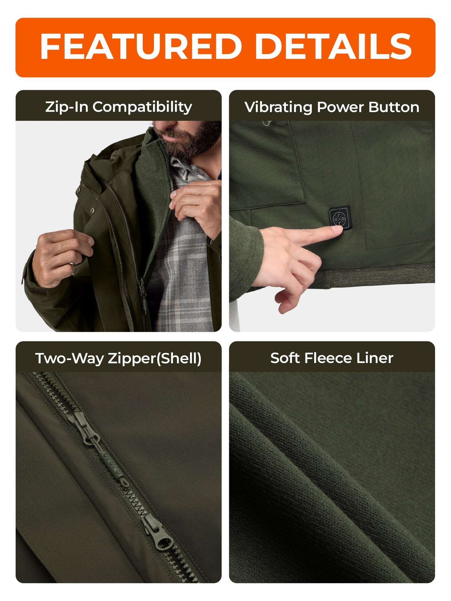 ORORO Men's 3-in-1 Heated Jacket with Waterproof Shell and Heated Fleece Liner, Fleece Heated Jacket with Battery - Image 5