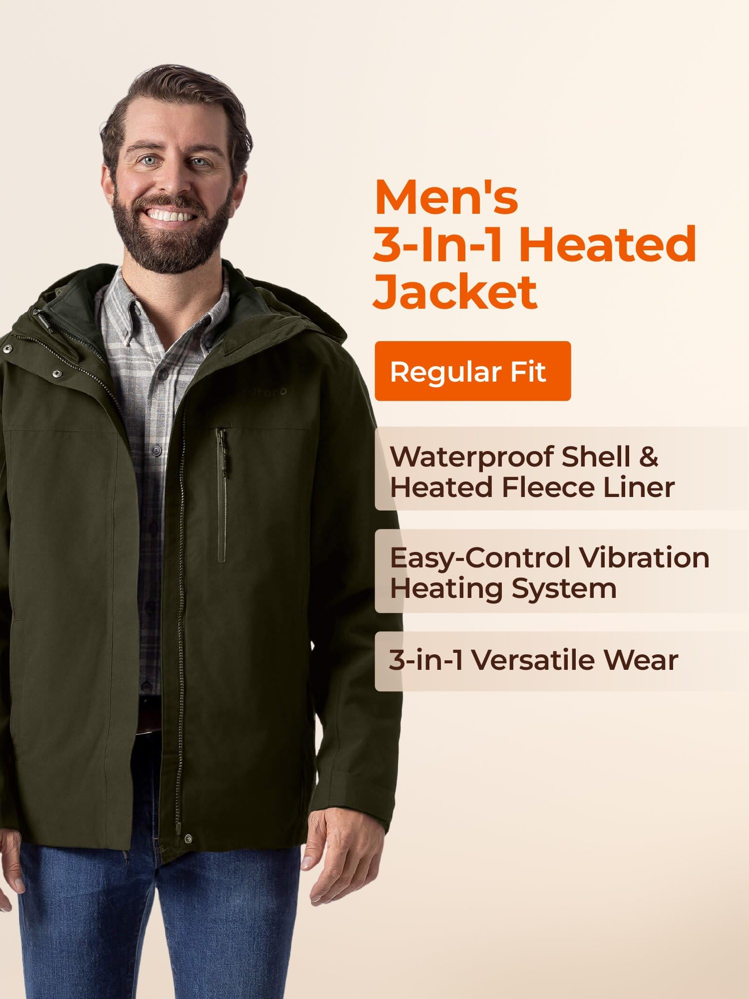 ORORO Men's 3-in-1 Heated Jacket with Waterproof Shell and Heated Fleece Liner, Fleece Heated Jacket with Battery - Image 6