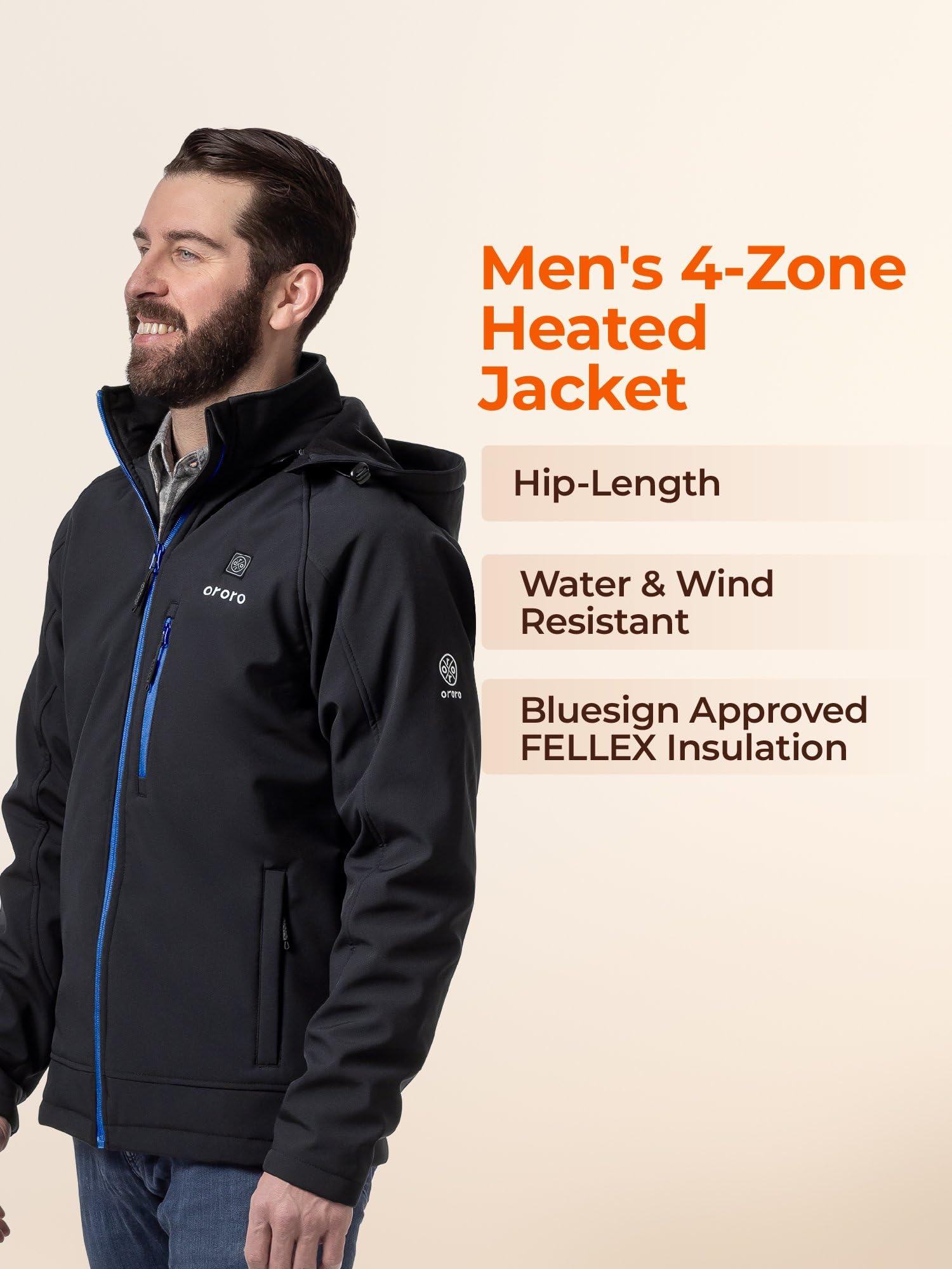 ORORO Men's 4 Heat-Zone Heated Jacket with USB-C Rechargeable Battery, Soft Shell Heated Jacket with Detachable Hood - Image 6
