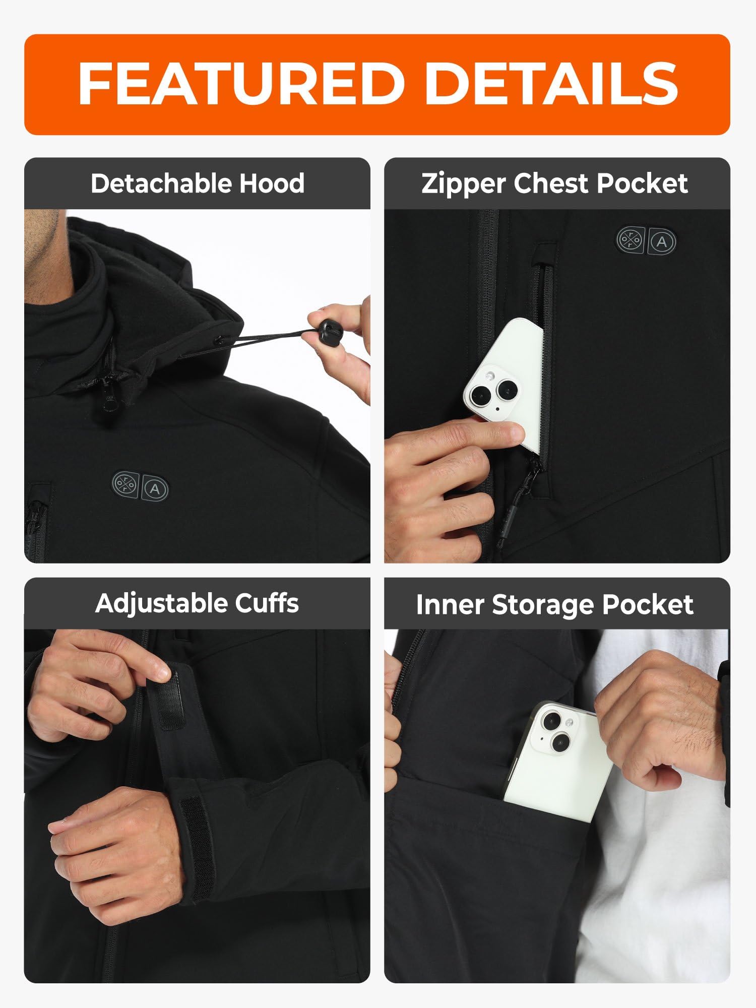 ORORO Men's 5 Heat Zones Dual Control Heated Jacket, Heated Coat with USB-C Rechargeable Battery - Image 7