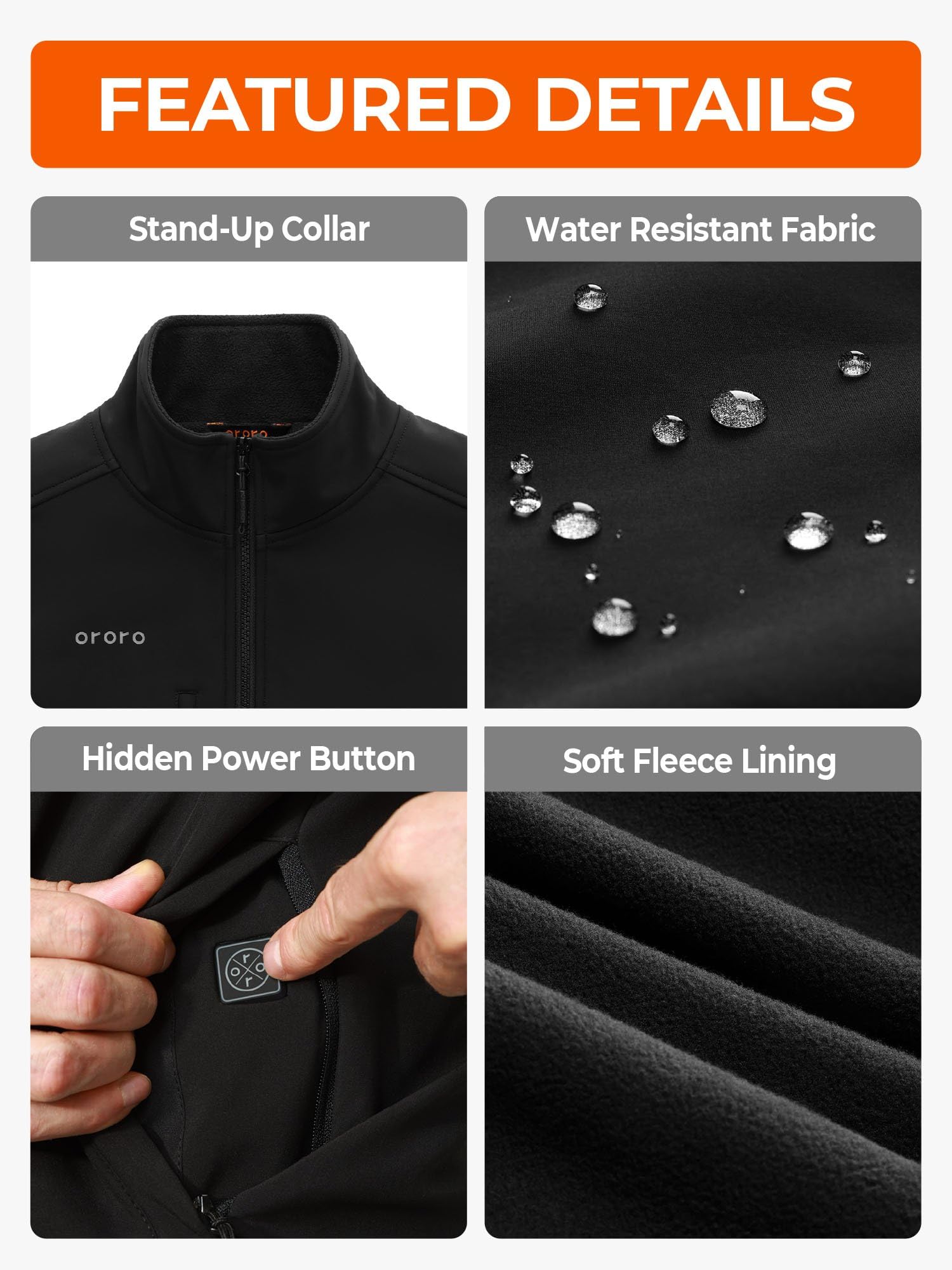 ORORO Men's 5 Heat Zones Softshell Heated Jacket with USB-C Rechargeable Battery, Fleece Lined Heated Coat - Image 6
