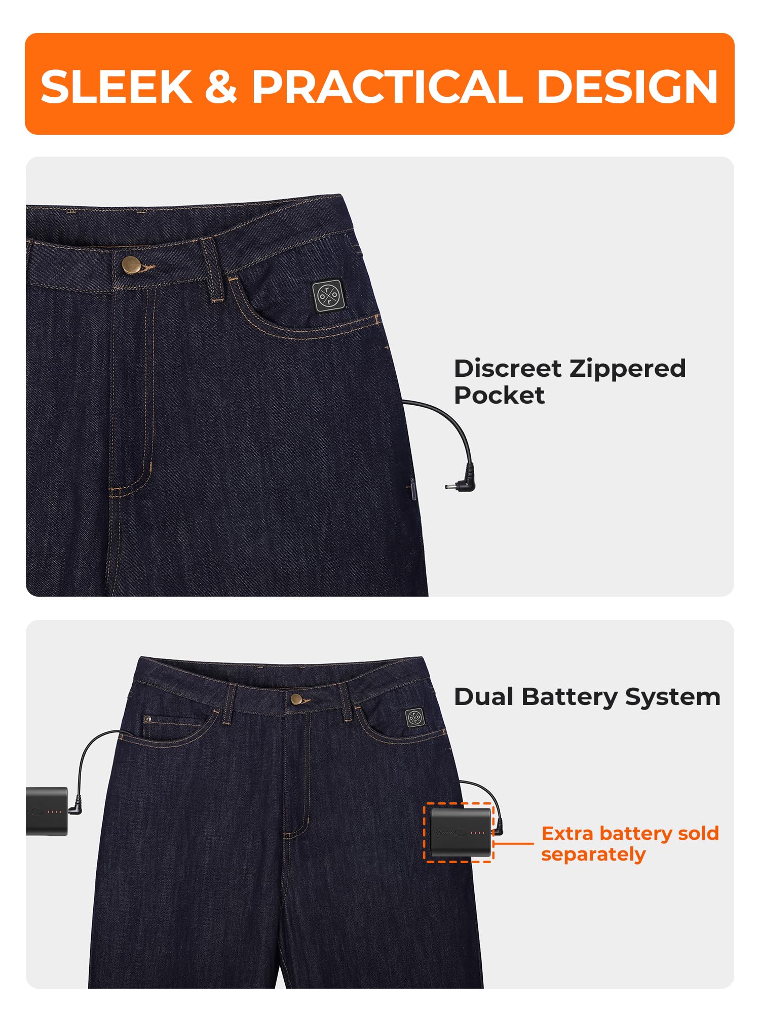 ORORO Men’s Heated Denim Pants with USB-C Rechargable Battery, Warm Thermal Heated Jeans with Fleece Lining - Image 3