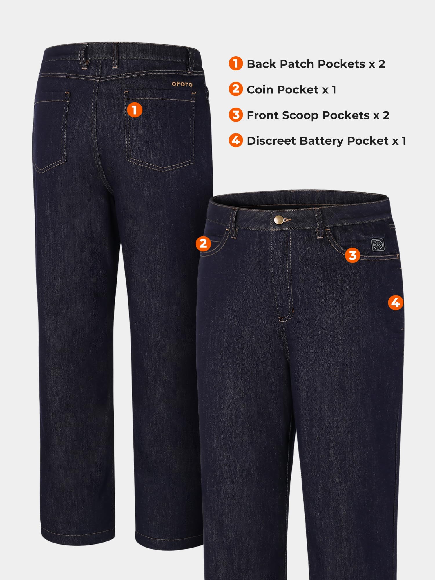 ORORO Men’s Heated Denim Pants with USB-C Rechargable Battery, Warm Thermal Heated Jeans with Fleece Lining - Image 7