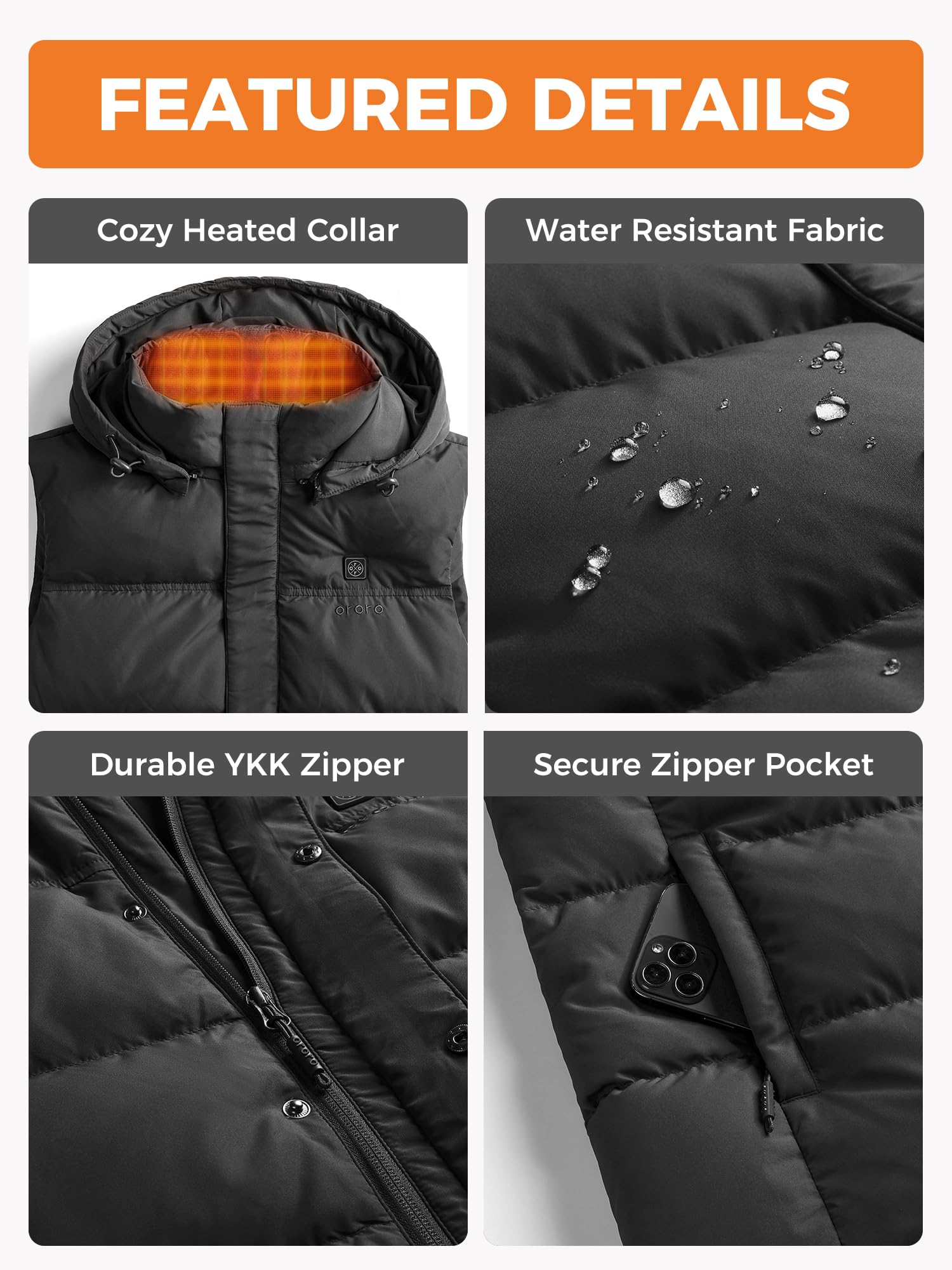 ORORO Men's Heated Down Vest with Detachable Hood, 800 Fill Down, Heating Vest with USB-C Rechargeable Battery - Image 6