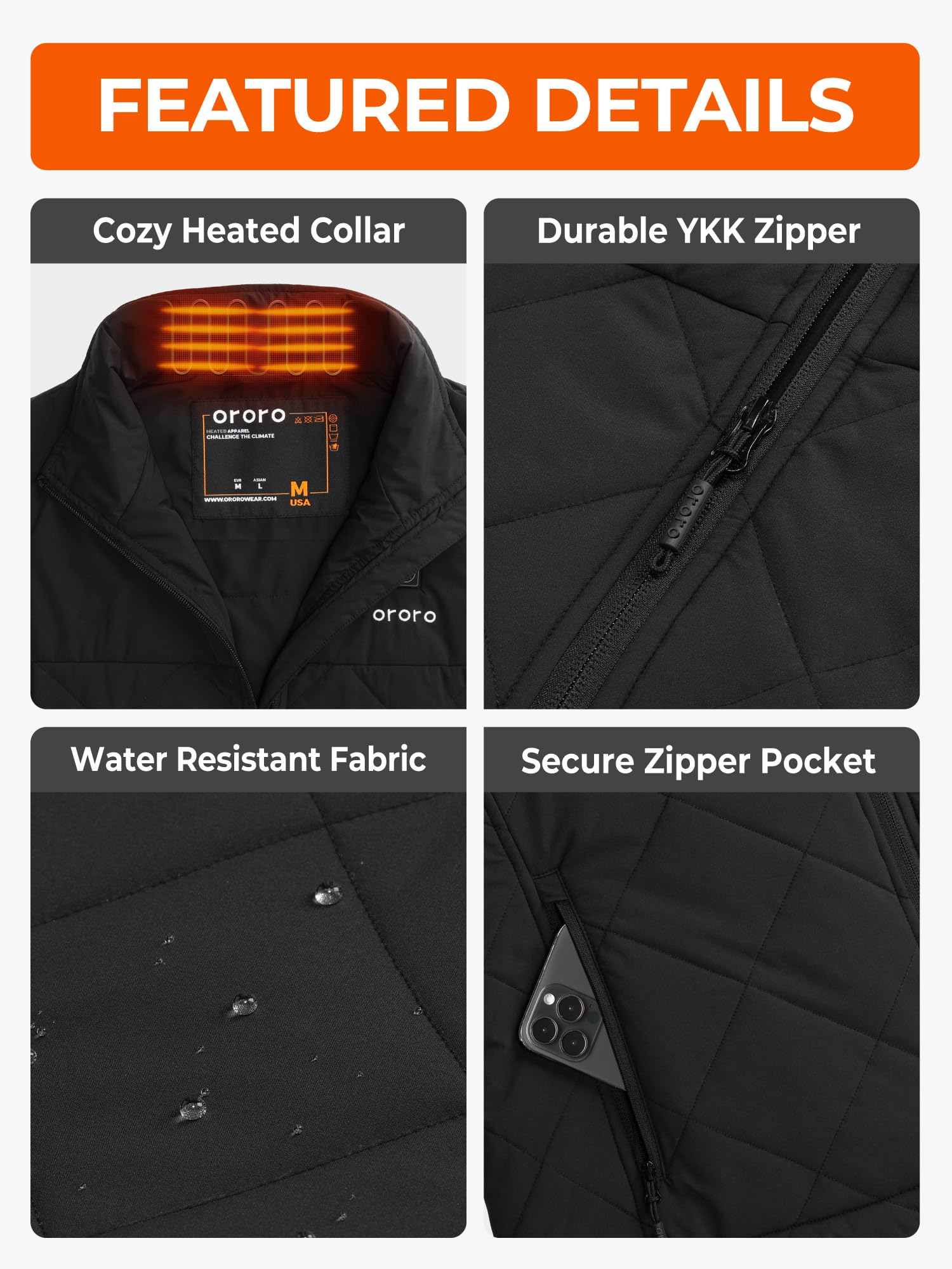 ORORO Men's Heated Quilted Vest with Heated Collar, Lightweight Quilted Heating Vest with USB-C Rechargeable Battery - Image 6