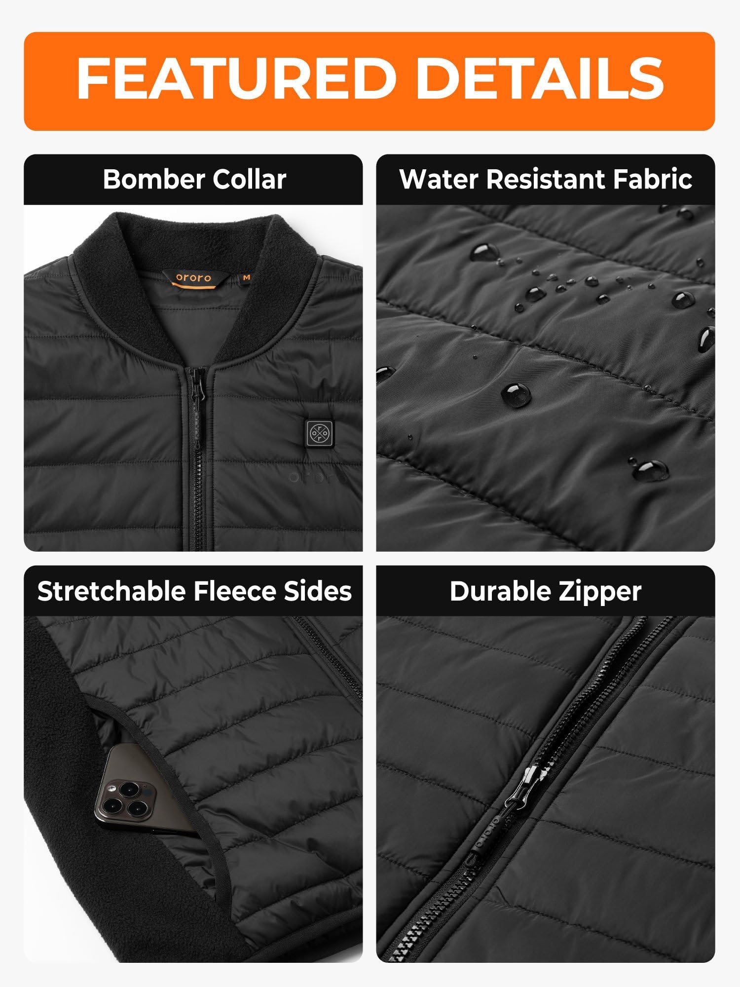 ORORO Men's Lightweight Heated Jacket with USB-C Rechargeable Battery, Heated Puffer Coat for Outdoors - Image 5