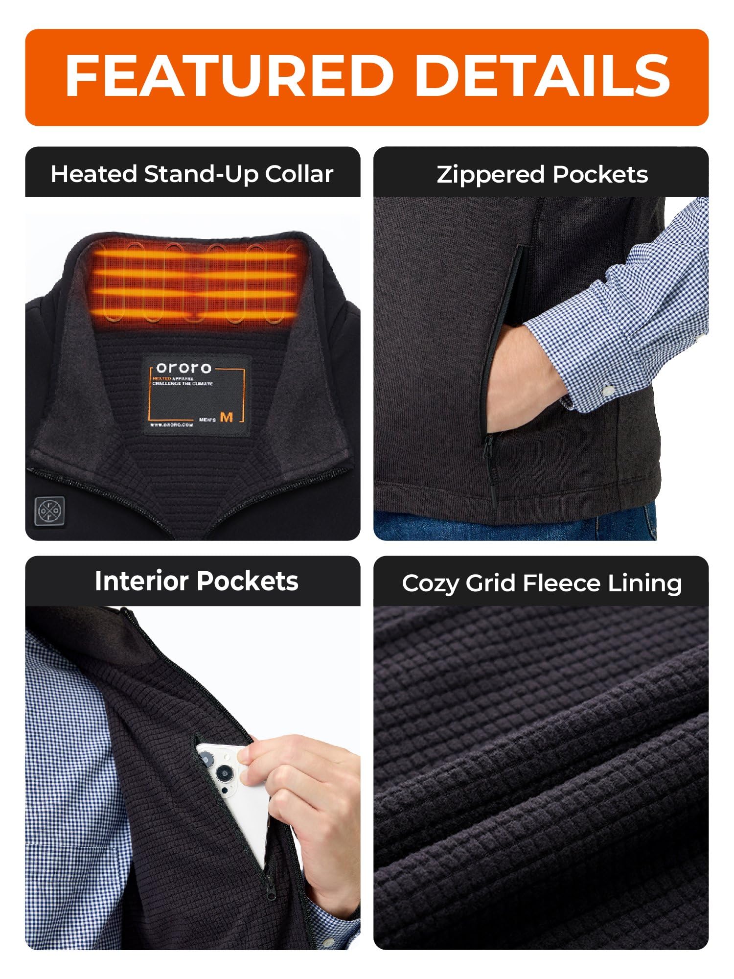 ORORO Men's Lightweight Heated Sweater Fleece Vest with USB-C Rechargeable Battery, Heated Recycled Fleece Vest - Image 6