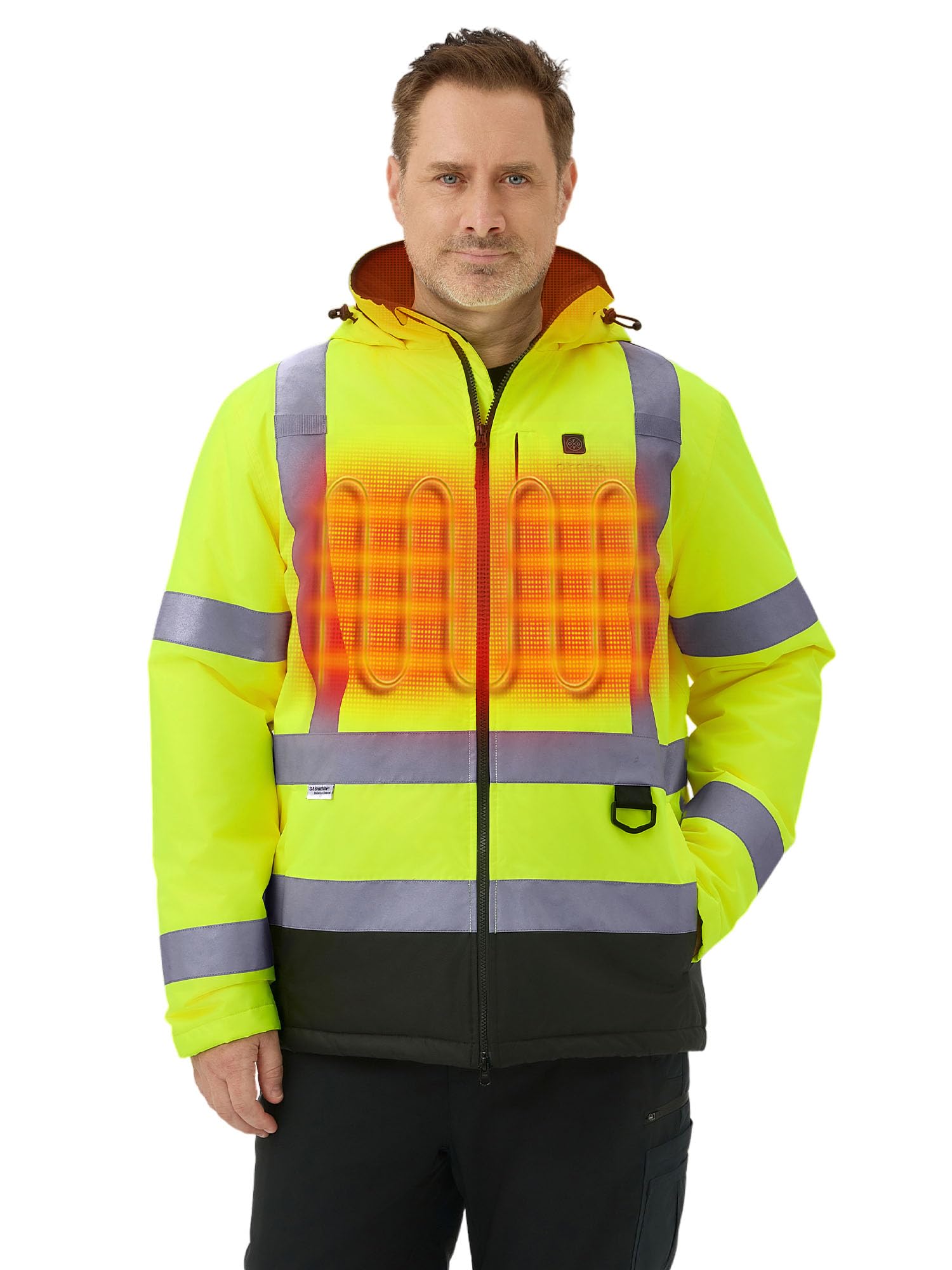 ORORO Men's Waterproof Heated Hi-Vis Jacket, Class 3 Reflective Heated Safety Jacket with USB-C Rechargeable Battery