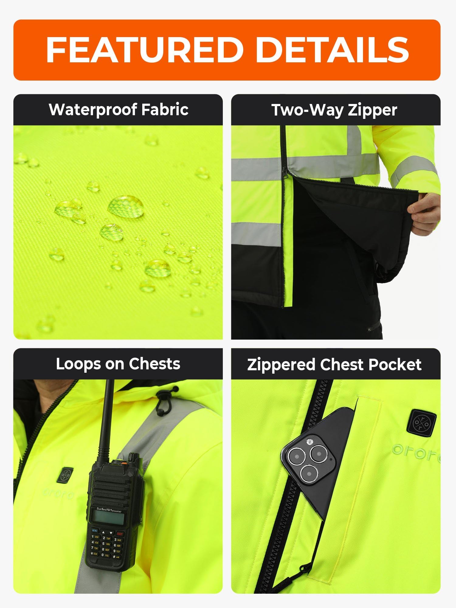 ORORO Men's Waterproof Heated Hi-Vis Jacket, Class 3 Reflective Heated Safety Jacket with USB-C Rechargeable Battery - Image 6