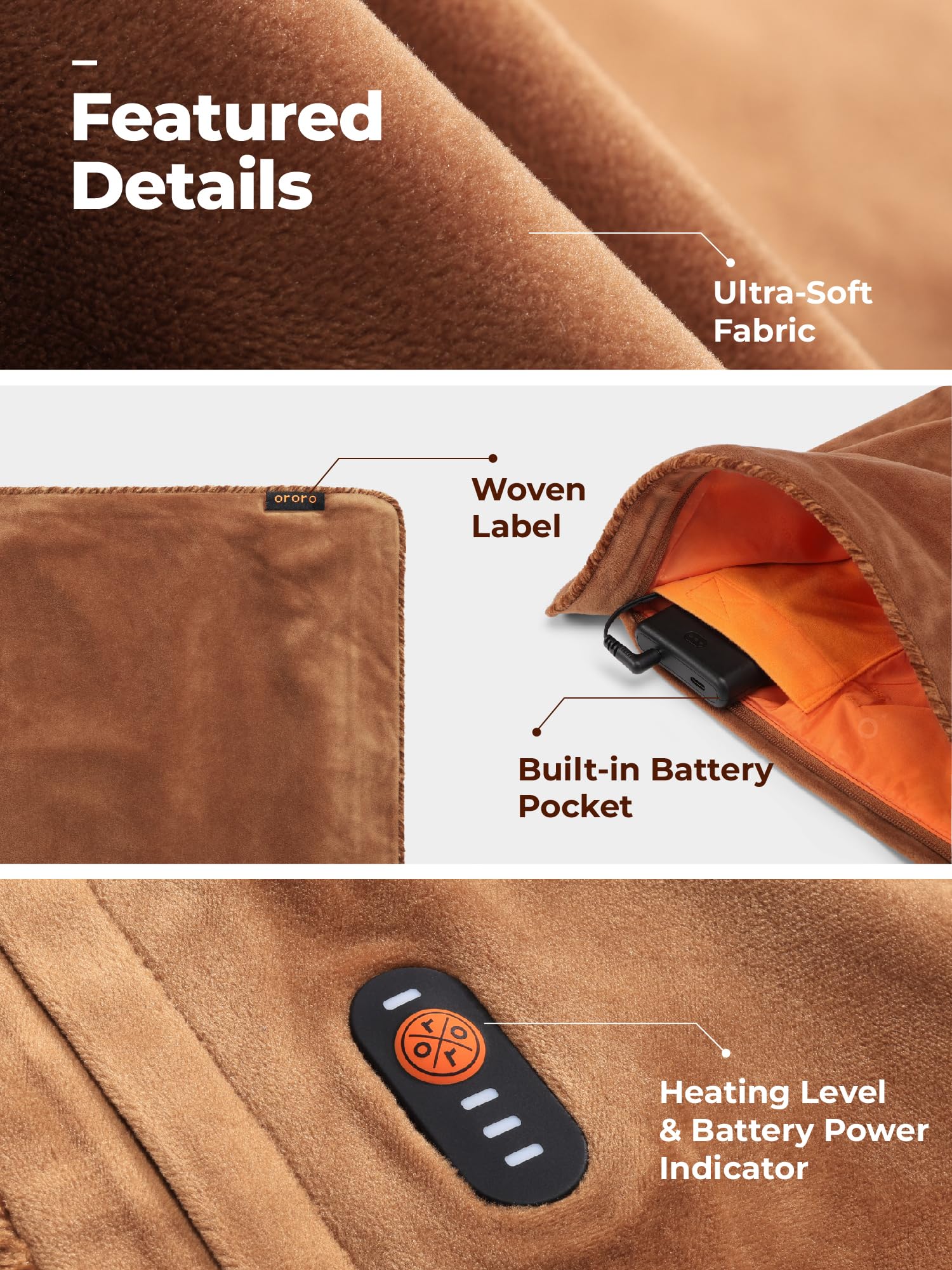 ORORO Rechargeable Heated Throw Pillow Cover for Home and Camping, Soft Heating Pillow Case (Charger Not Included) (Brown, 18×18 Inches) - Image 4