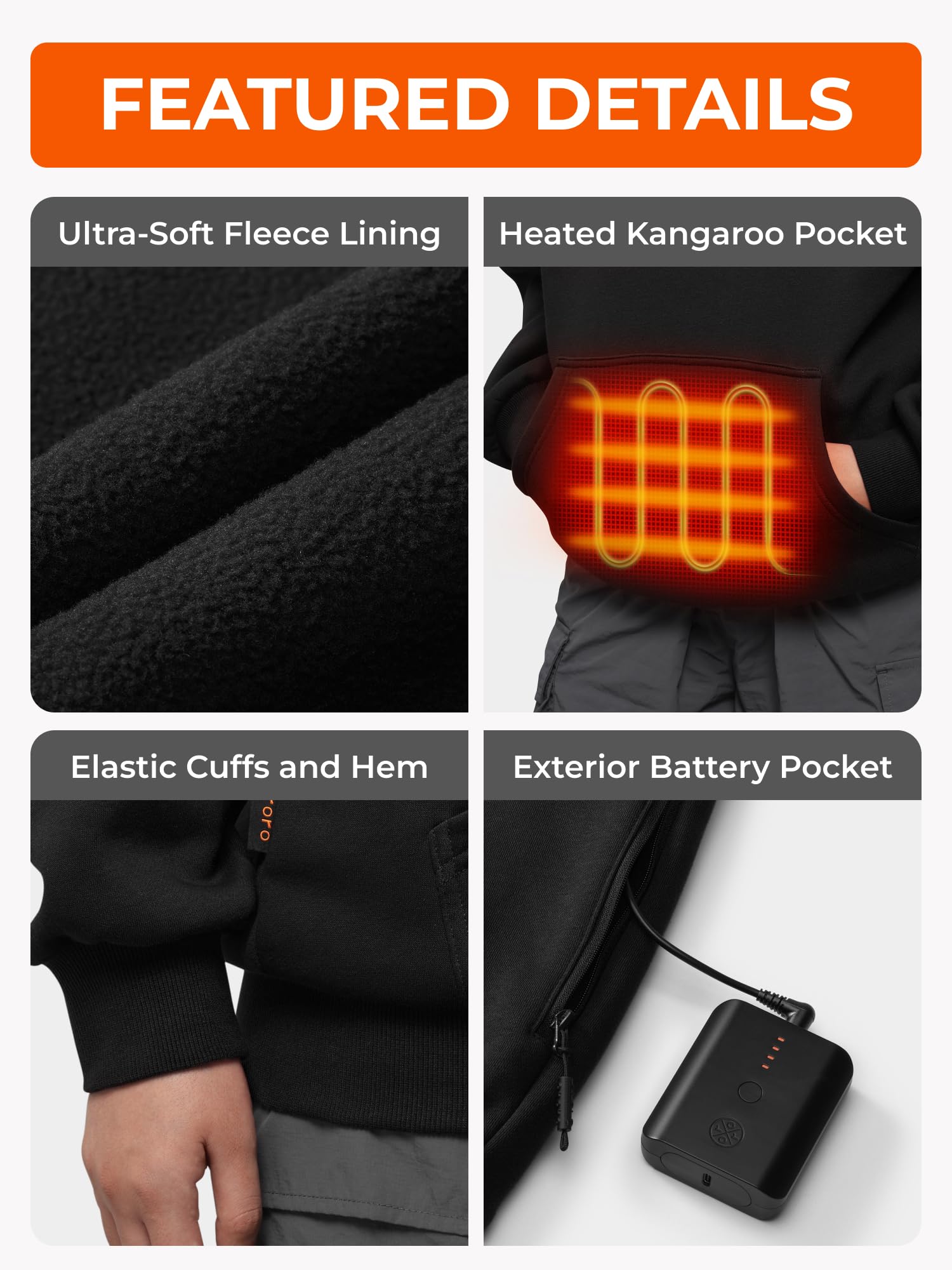 ORORO Unisex 5-Zone Heated Pullover Hoodie, Fleece Hooded Sweatshirt with USB-C Rechargeable Battery - Image 5