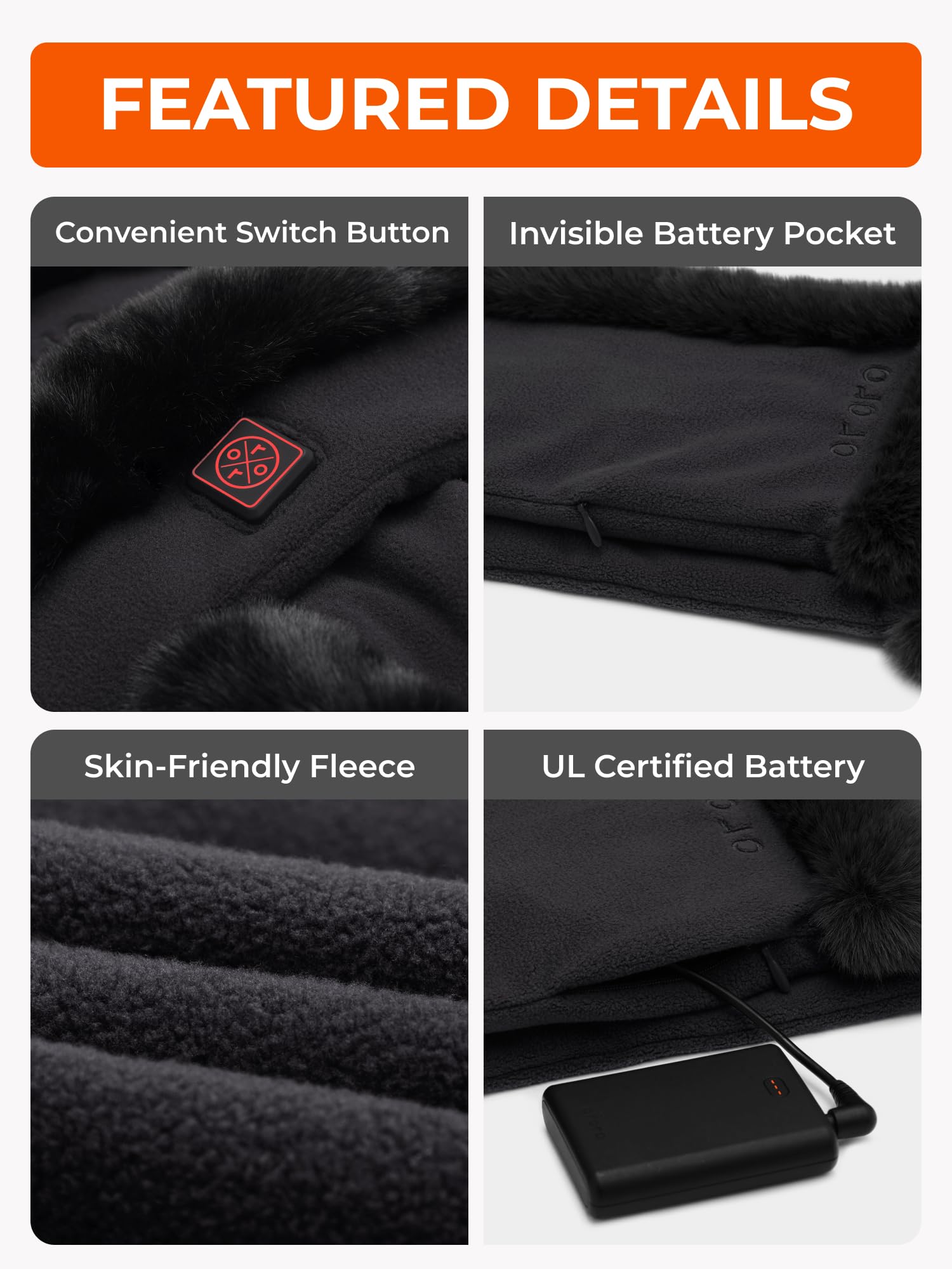 ORORO Unisex Faux Fur Fleece Heated Scarf, Rechargeable Heated Fleece Neck Warmer with Battery - Image 7