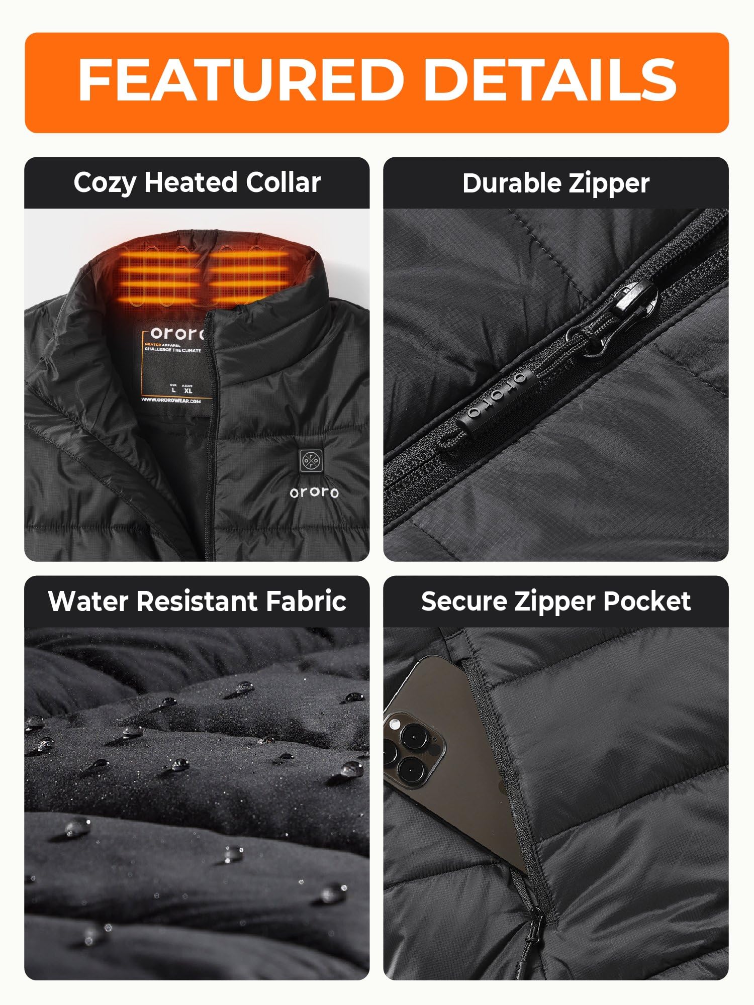 ORORO [Upgraded Battery] Men's Heated Vest, Up to 13.5 Hours of Warmth, Heating Vest with Heated Collar - Image 6