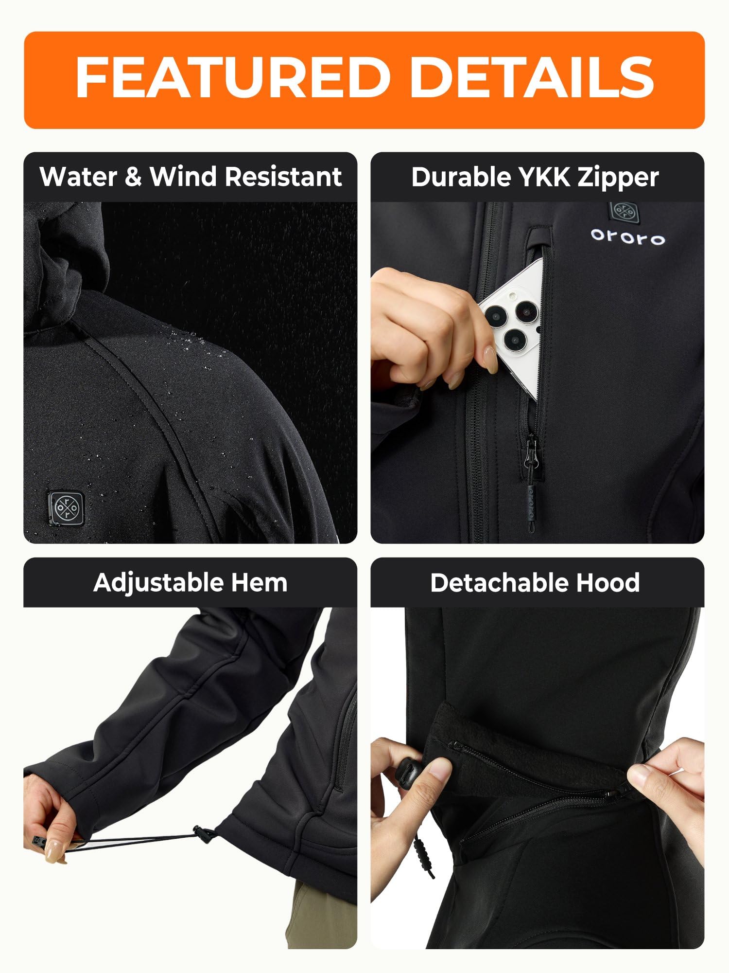 ORORO Upgraded Women's 4-Zone Heated Jacket with Heated Collar, Heated Coat with Detachable Hood - Image 6