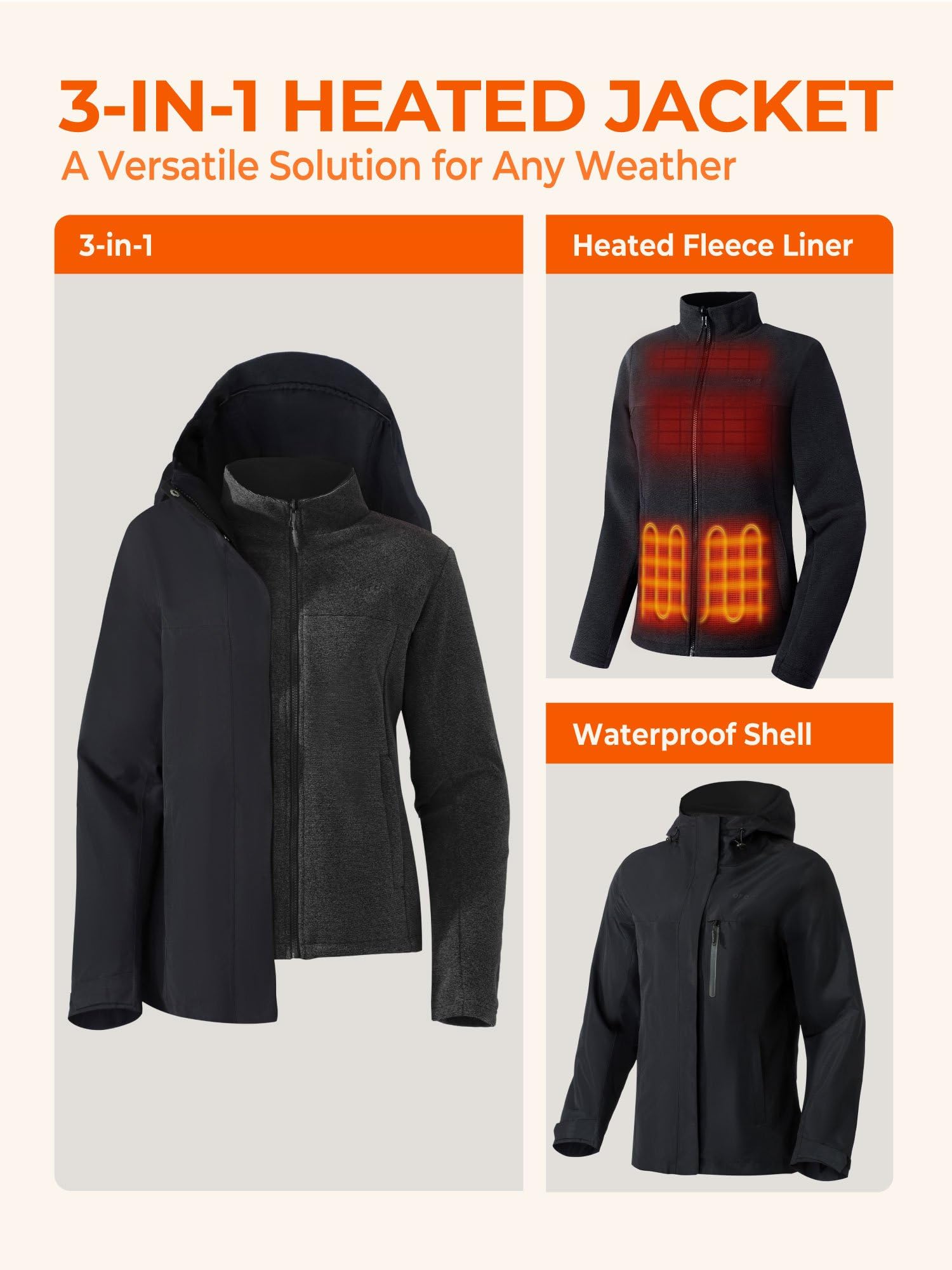 ORORO Women's 3-in-1 Heated Jacket with Waterproof Shell and Heated Fleece Liner, Fleece Heated Jacket with Battery - Image 3