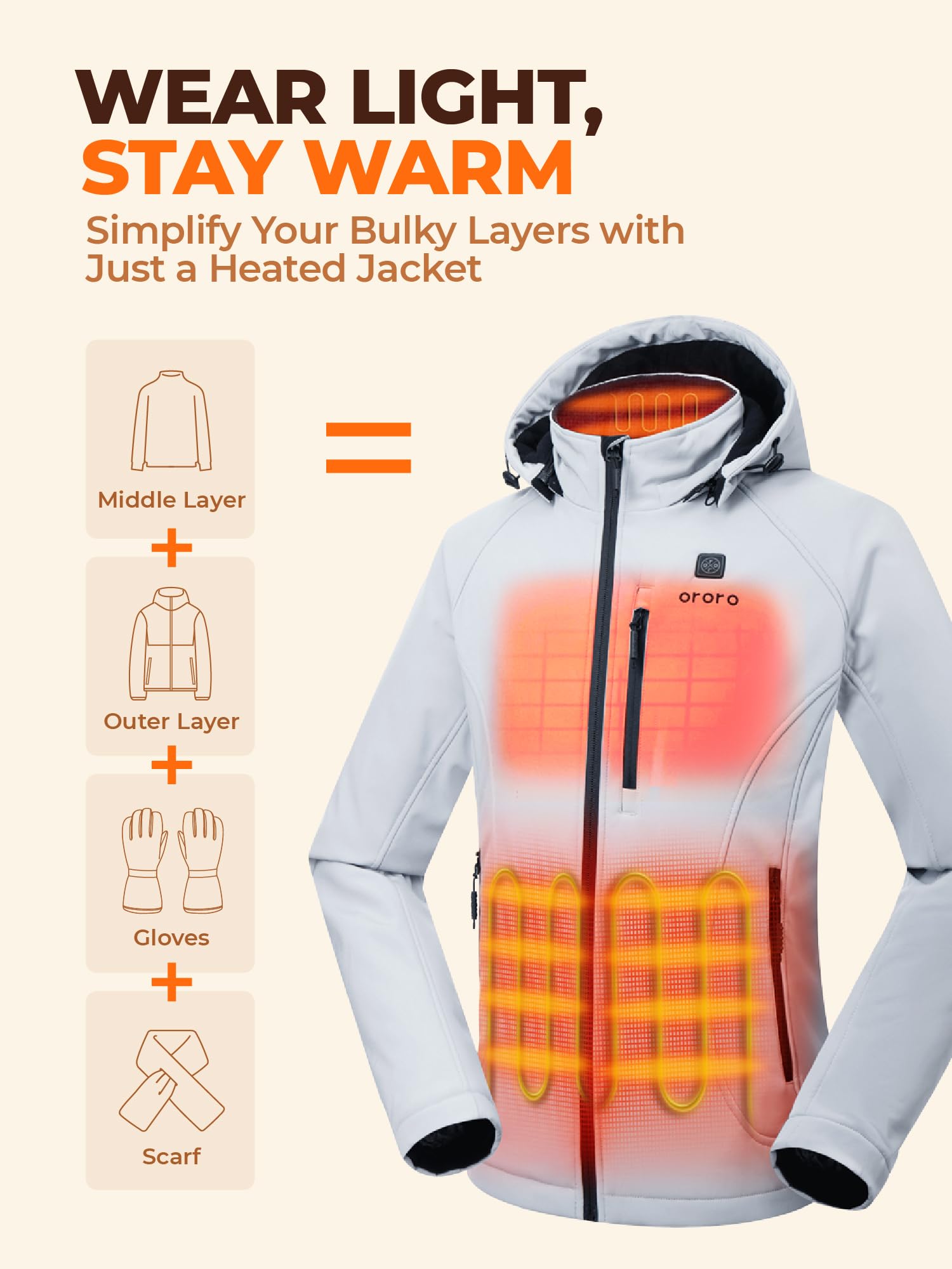 ORORO Women's 4-Zone Heated Jacket with Heated Collar, Shell Heated Coat with Rechargeable Battery - Image 4