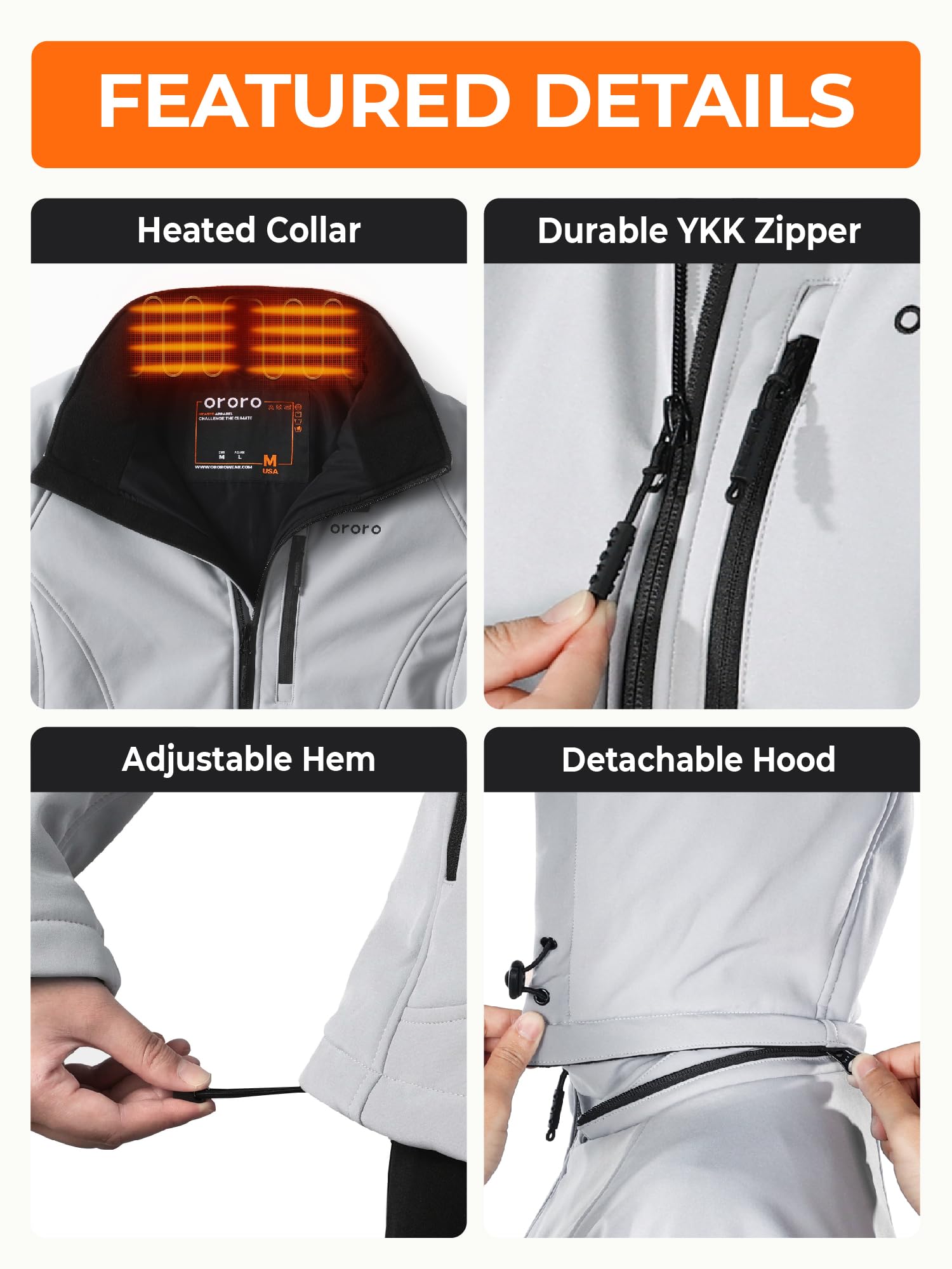 ORORO Women's 4-Zone Heated Jacket with Heated Collar, Shell Heated Coat with Rechargeable Battery - Image 6