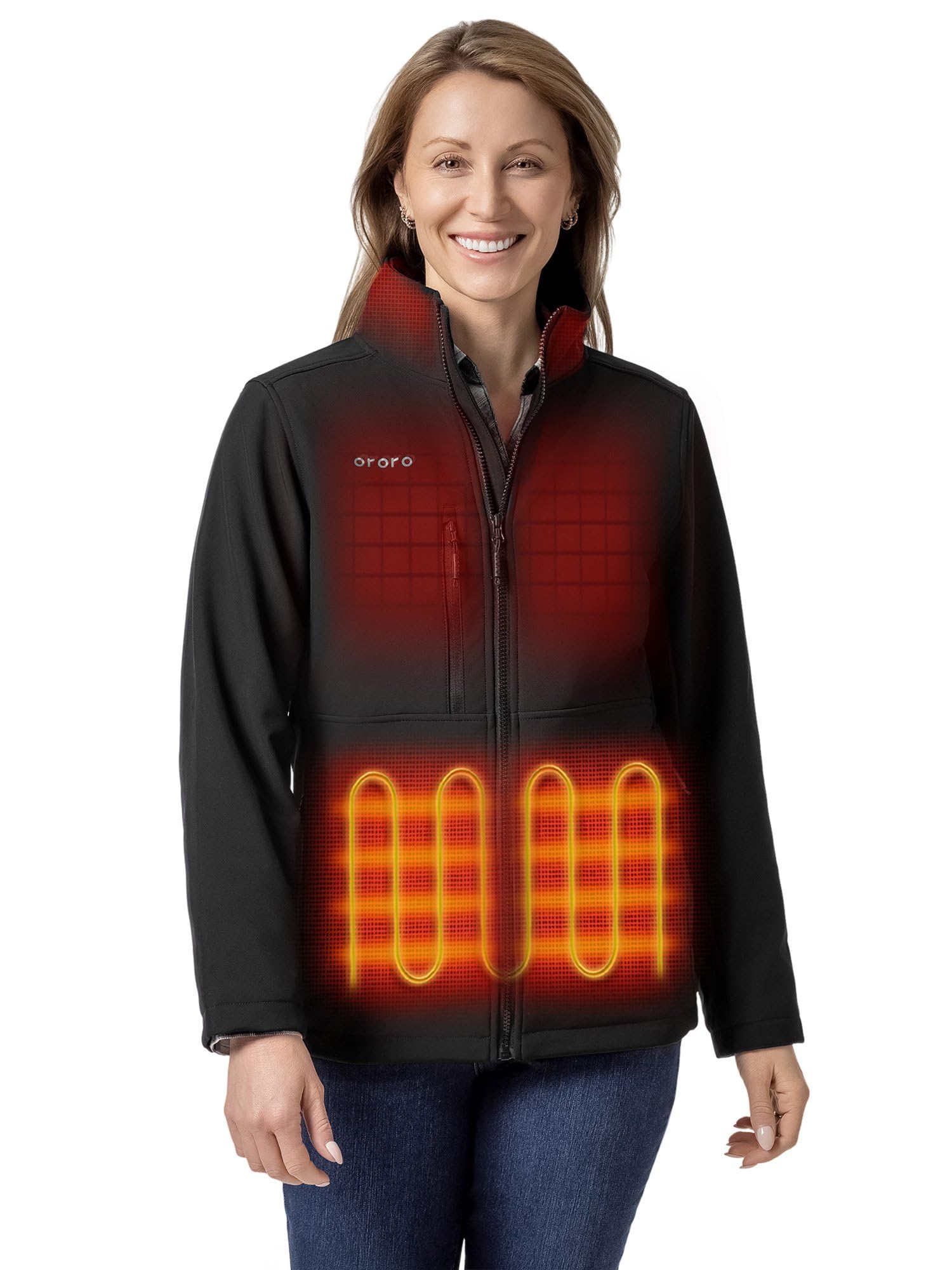 ORORO Women's 5 Heat Zones Softshell Heated Jacket, Fleece Lined Heated Jacket with USB-C Rechargeable Battery