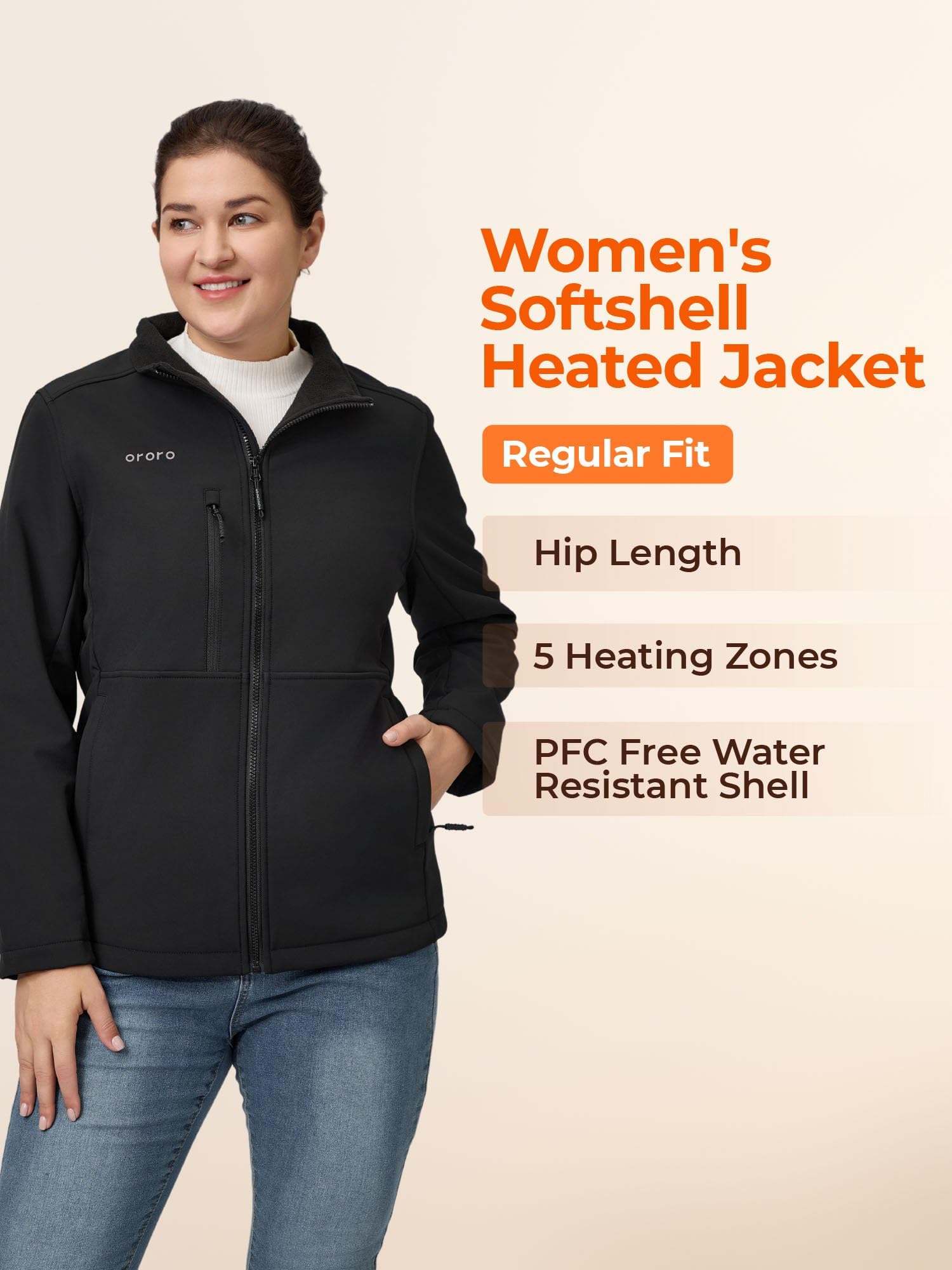 ORORO Women's 5 Heat Zones Softshell Heated Jacket, Fleece Lined Heated Jacket with USB-C Rechargeable Battery - Image 2