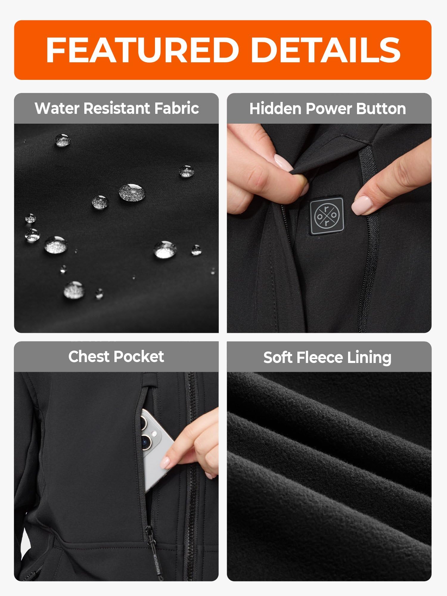 ORORO Women's 5 Heat Zones Softshell Heated Jacket, Fleece Lined Heated Jacket with USB-C Rechargeable Battery - Image 5