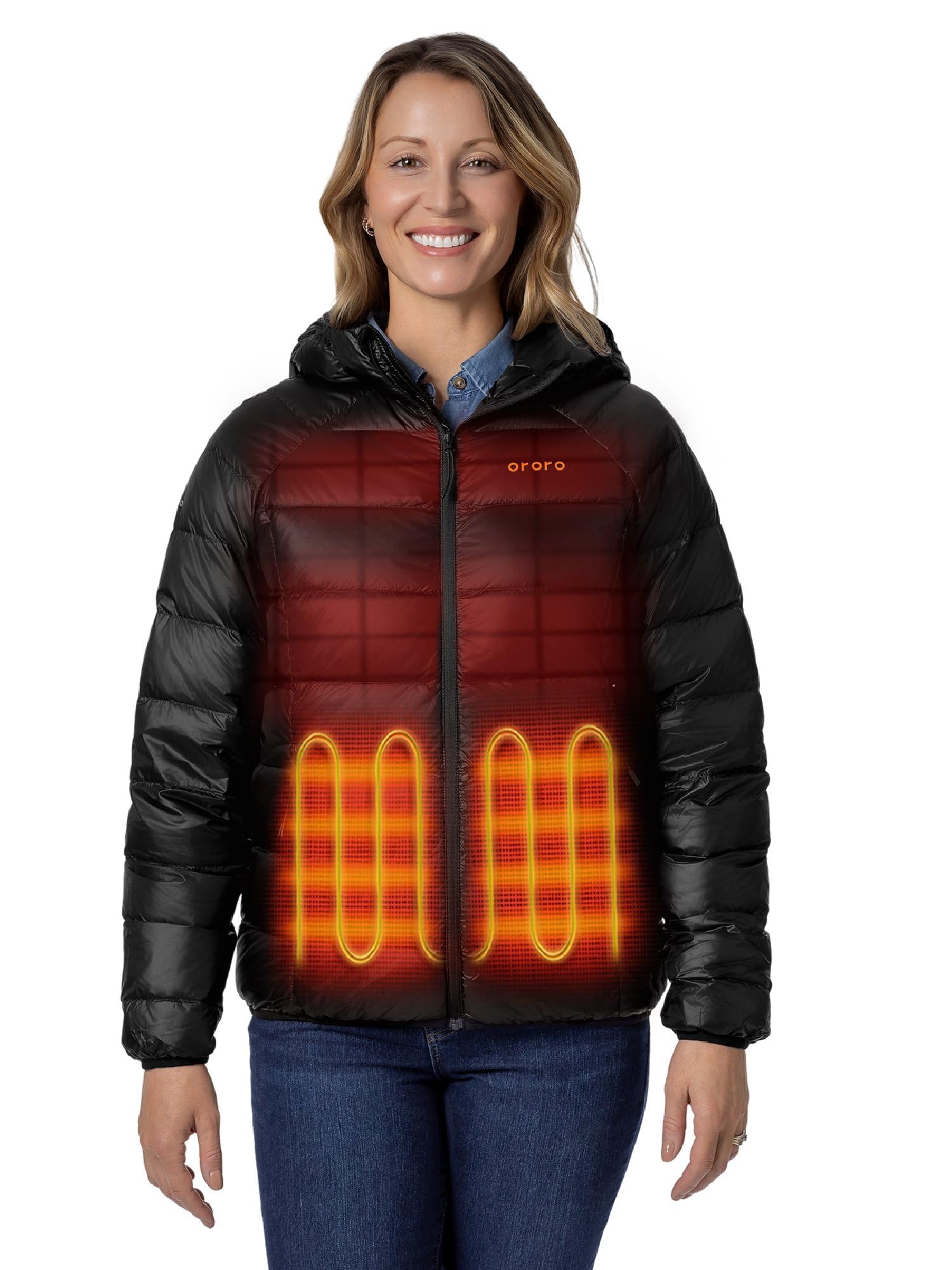 ORORO Women's Lightweight Packable Heated Down Jacket with Hood, 4-Zone Heated Jacket with USB-C Rechargeable Battery