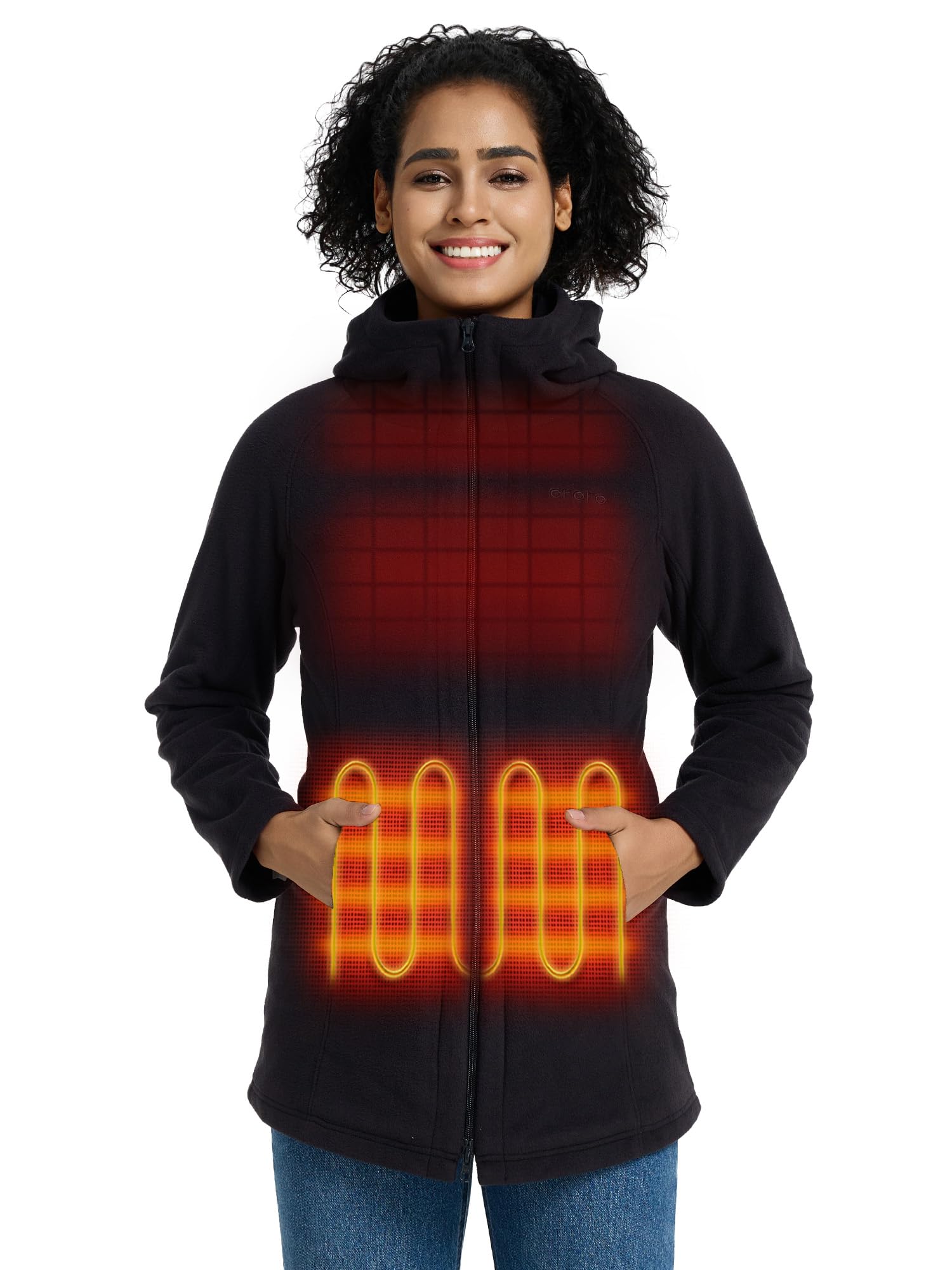 ORORO Women's Long Heated Fleece Jacket with USB-C Rechargeable Battery, Heated Hooded Fleece Jacket