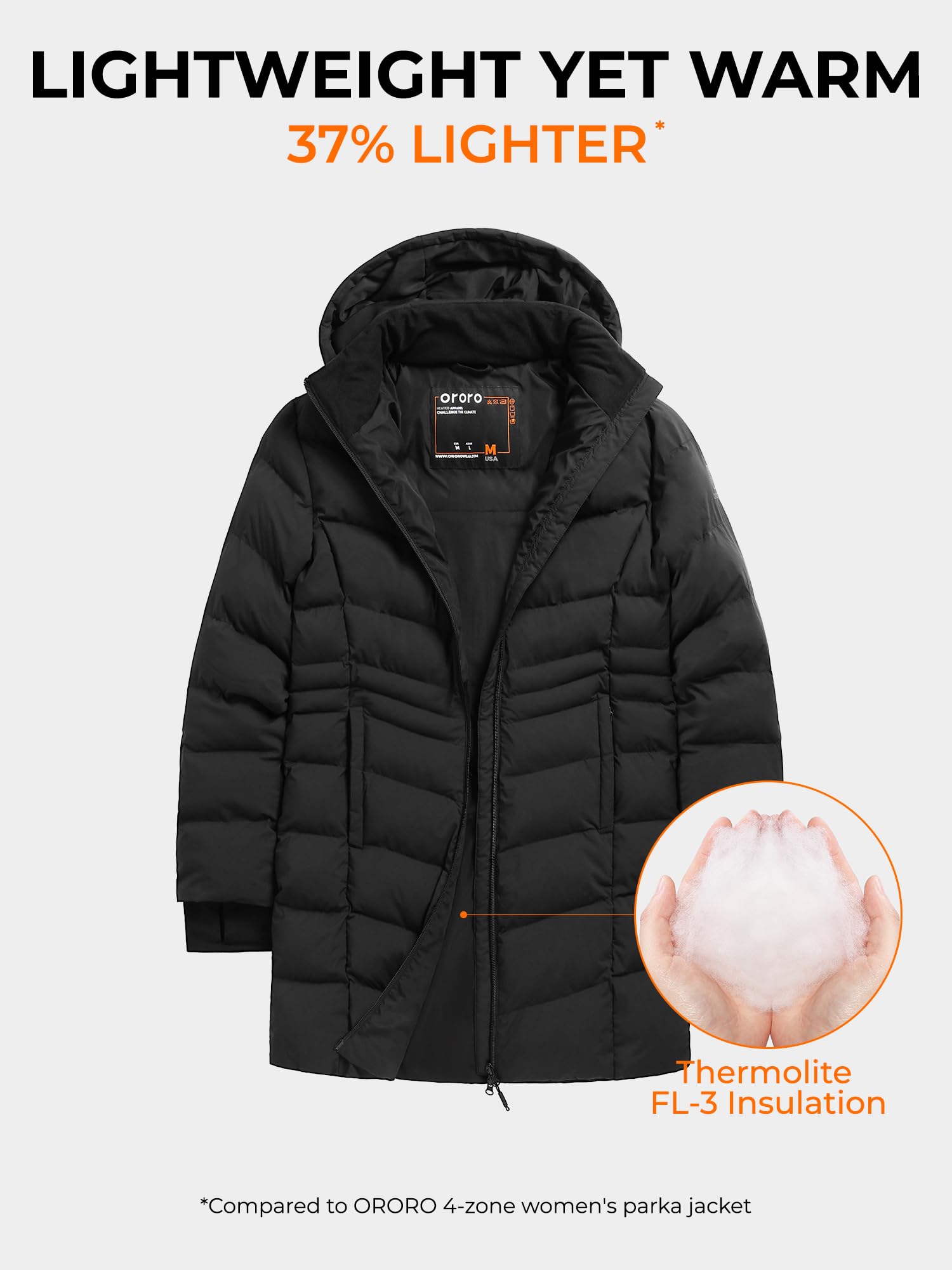 ORORO Women's Long Heated Jacket with USB-C Rechargeable Battery, Heated Puffer Parka Long Heated Coat - Image 4